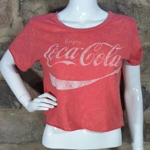 Coca Cola Cropped Top Short Sleeve Graphic Tee Red White Woman's Size Large